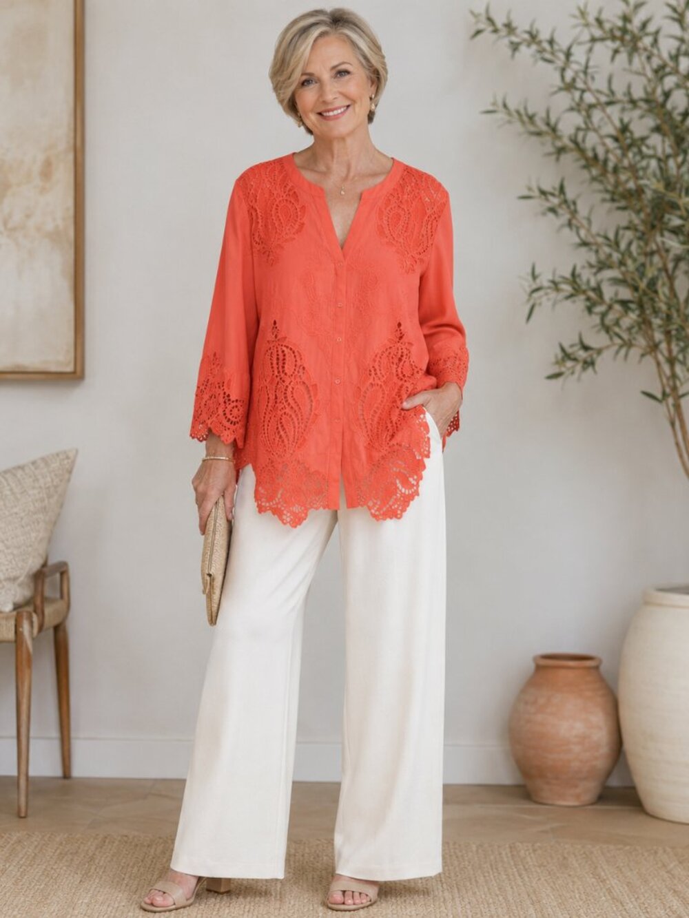 Coral Eyelet Embroidered Button Down Cotton Lined Blouse Boho Tunic Top Sz 3/XL